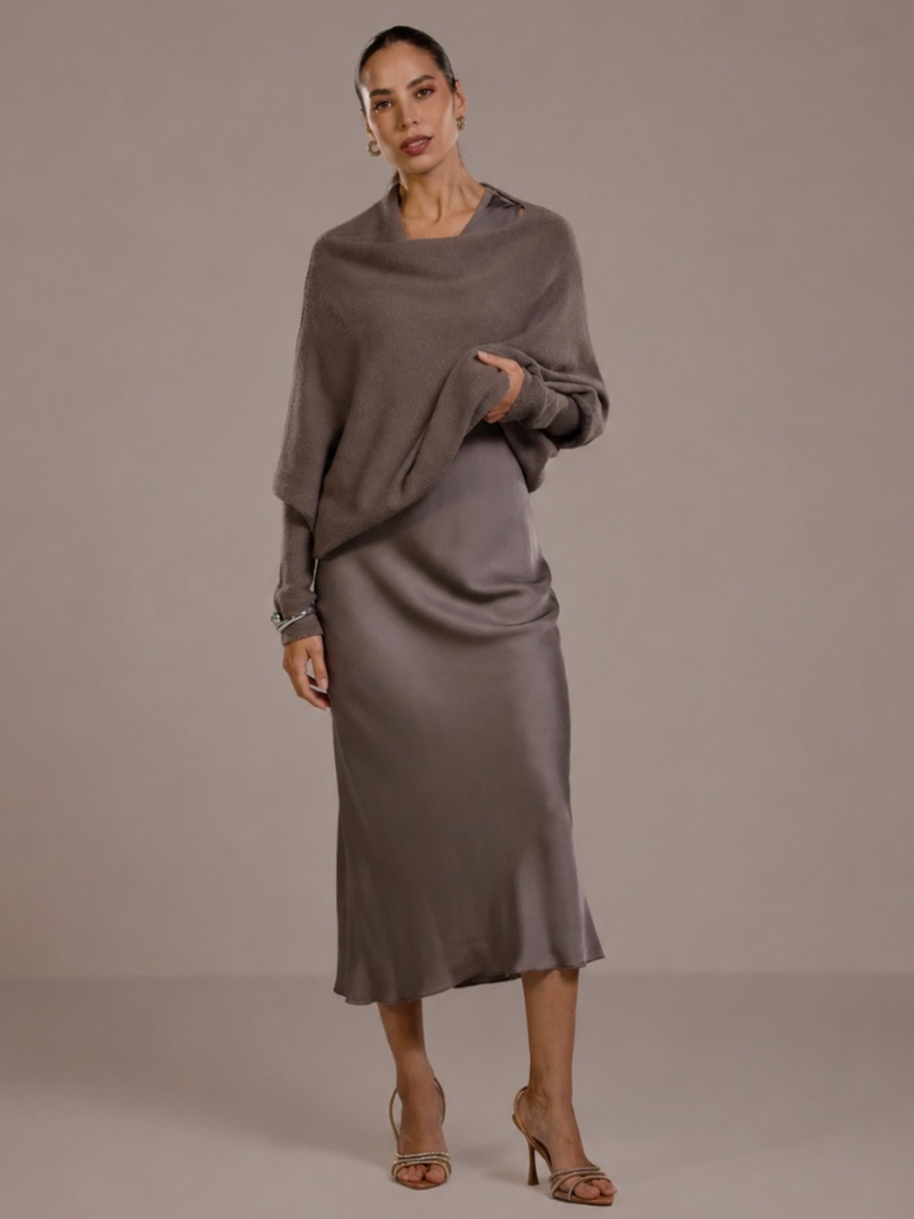JAKI London Asymmetric Draped Italian Knit Sweater Mink S/M - Picture 3 of 10